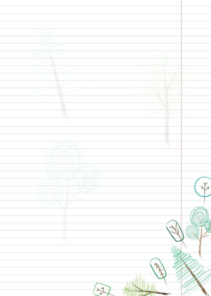 blank striped sheet with hand-drawn trees with colorful children's doodles vector