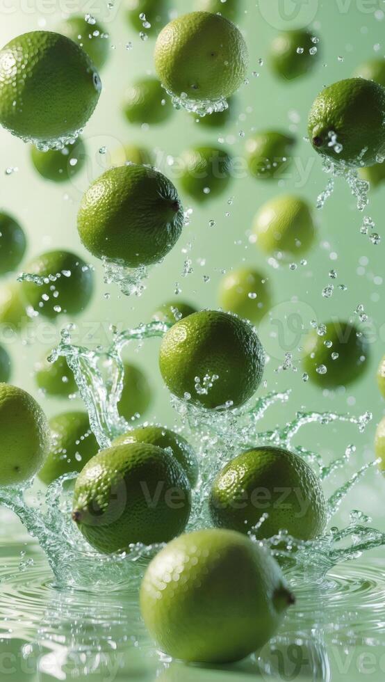 Juicy limes splashing into water, creating a refreshing and vibrant scene. photo
