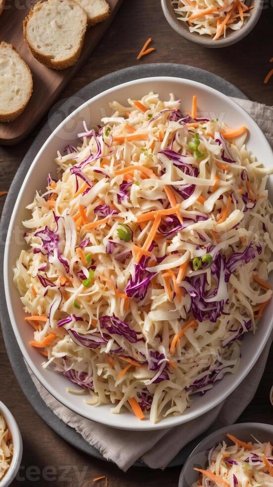 Creamy coleslaw salad, a refreshing and flavorful dish combining shredded cabbage, carrots, and a tangy dressing, a perfect side for any meal. photo
