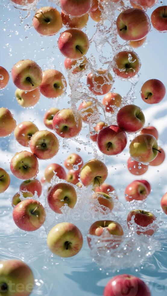 Juicy apples splashing into water, a refreshing burst of flavor and freshness. photo