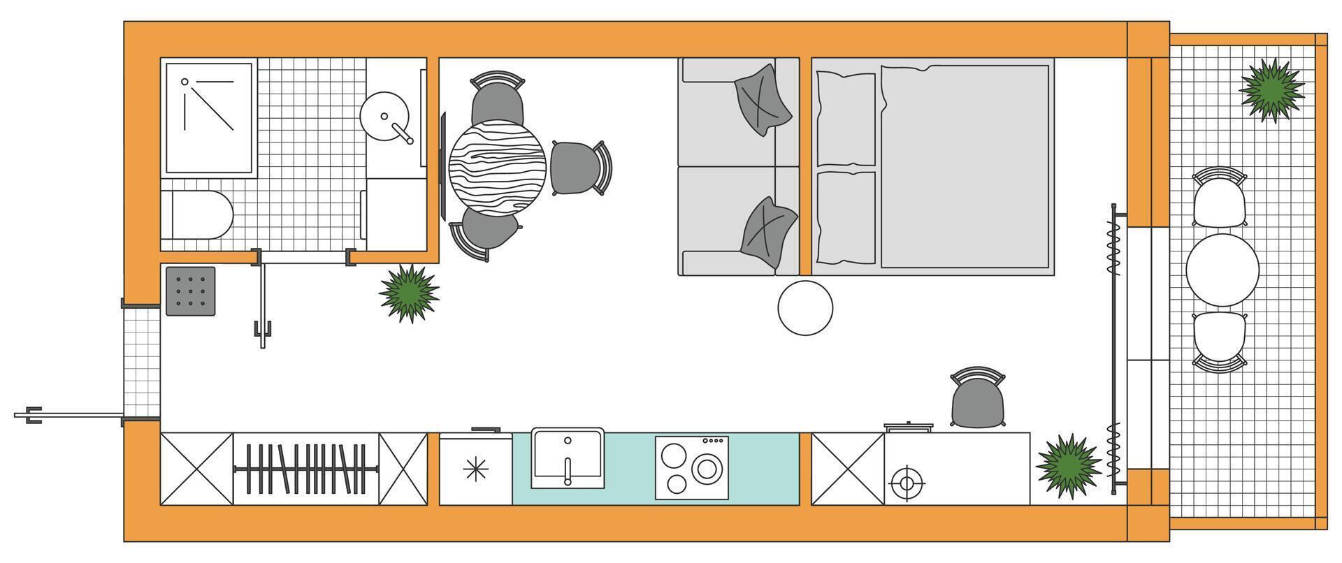 Apartment floor plan. Architecture micro studio plan of condominium. Interior design of kitchen, living room, bedroom and bathroom. Furniture elements set vector