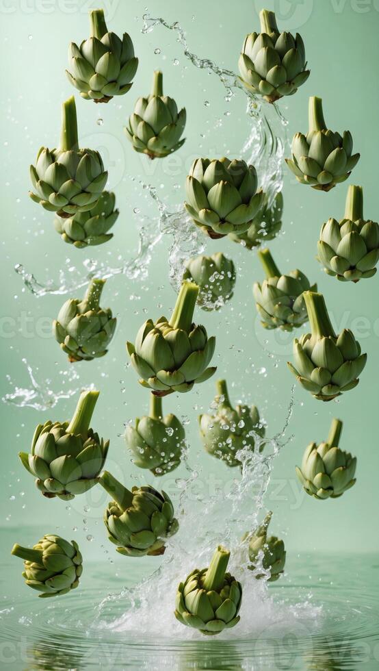 Artichokes shower in a refreshing splash, their green forms suspended in mid-air as water droplets create an invigorating display of nature's bounty. photo