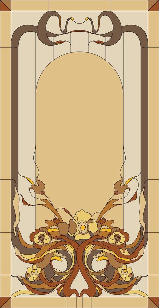 Stained glass panel in a rectangular frame, abstract floral arrangement of buds and leaves in the art Nouveau style. Decorative design of the window or door. vector