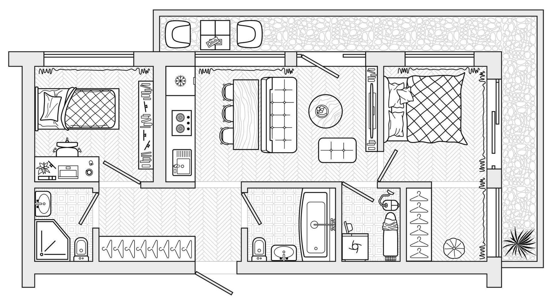 Floor plan. Architectural project of interior house. Set of thin line icons for top view plans. Furniture and elements for living room, bedroom, kitchen, bathroom. Sketch of furniture layout vector