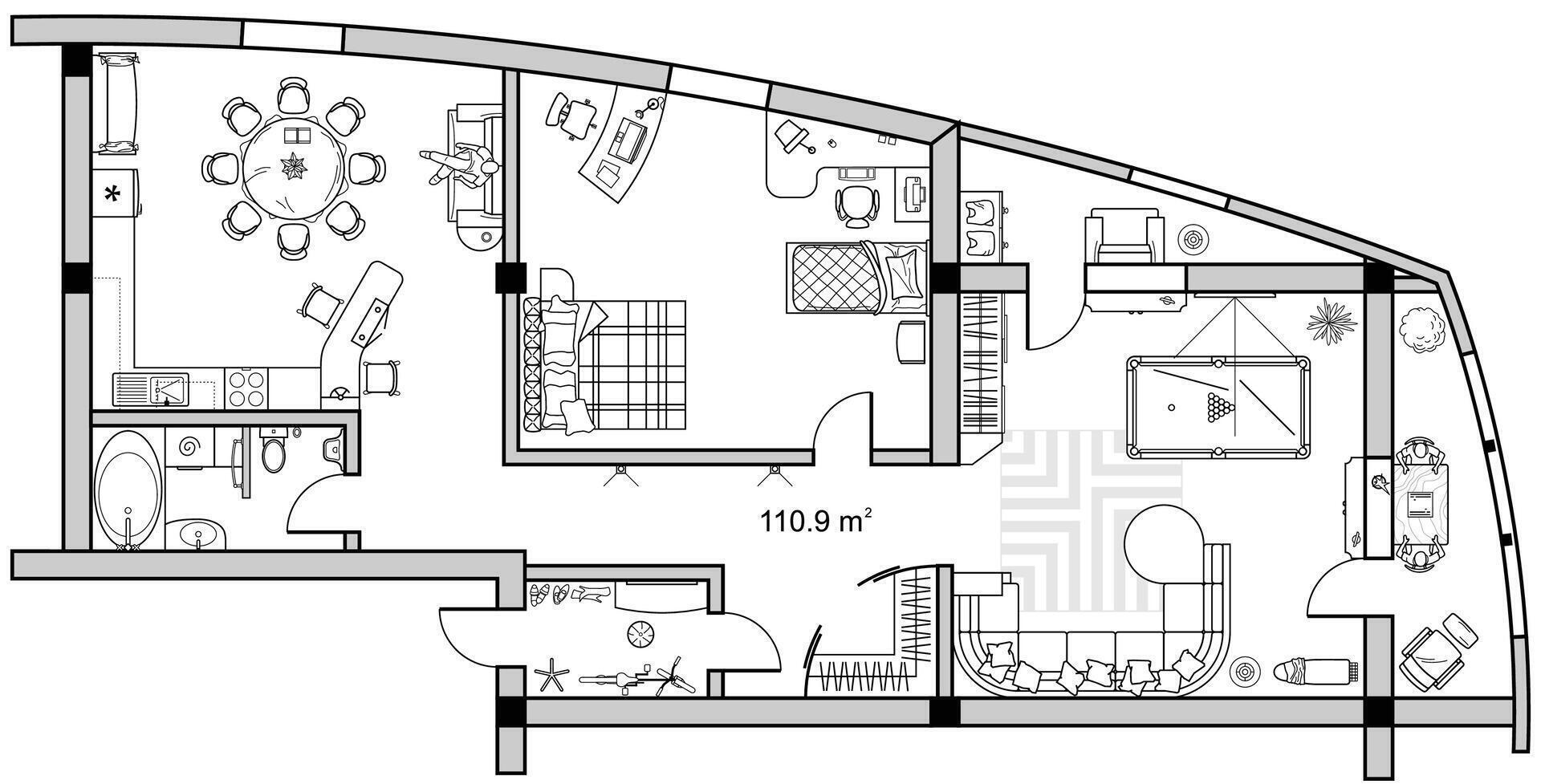 Apartment floor plan. Architectural plan of flat or house. Interior design elements kitchen, bedroom, bathroom furniture. Arrangement of furniture in top view. vector