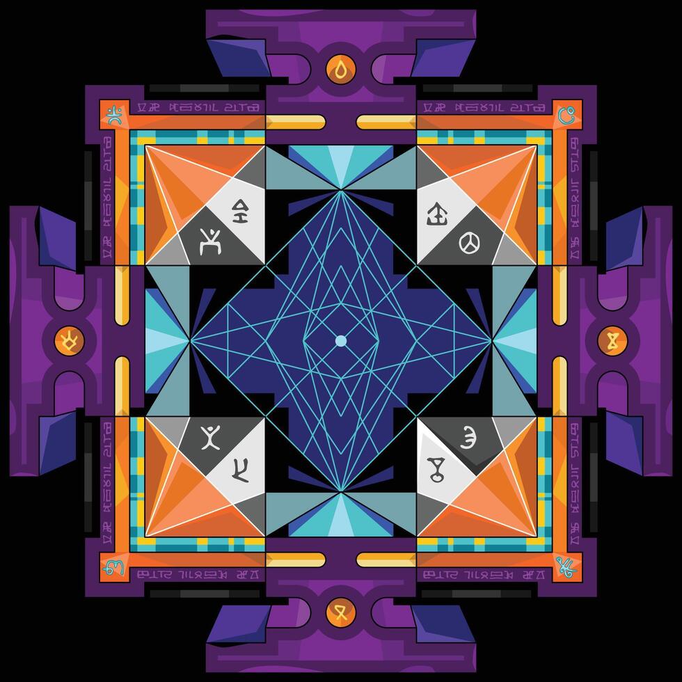 Sri abstractly yantra. Symbol of Hindu tantra formed by interlocking triangles that radiate out from the central point. Sacred geometry vector