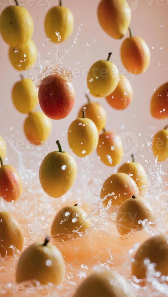 Juicy Mangos splashing into water, a refreshing burst of flavor and freshness. photo