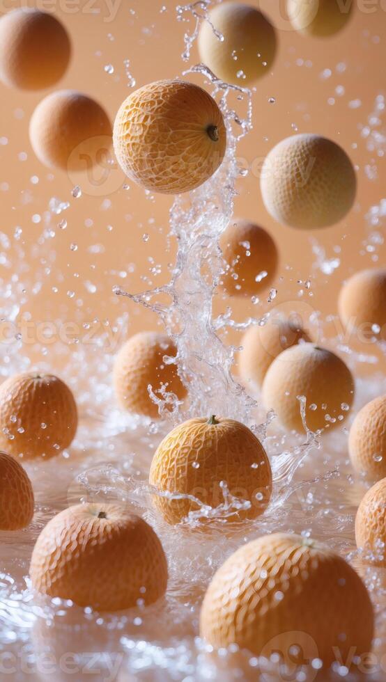 Juicy melons splashing into water, creating a refreshing and vibrant scene. A burst of summer freshness photo