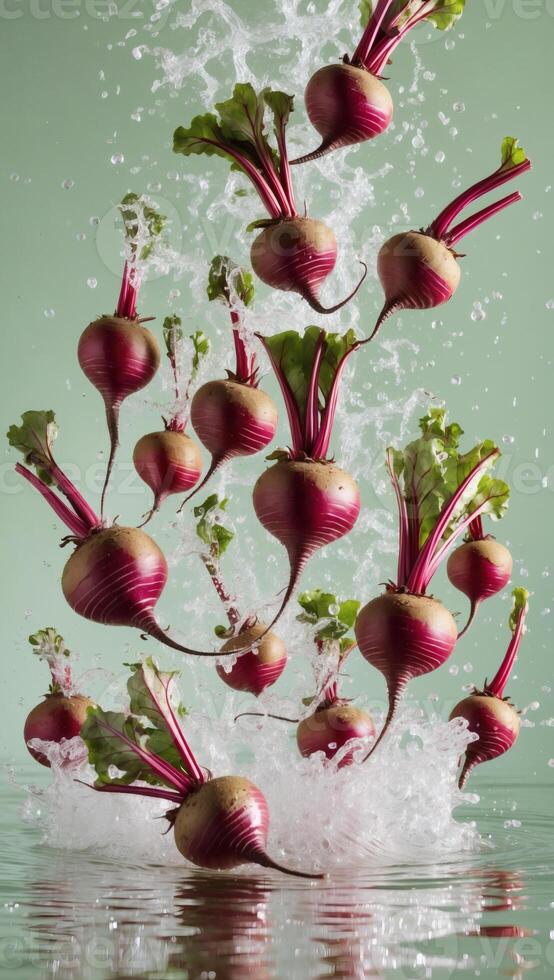 Beets splash in water, creating a vibrant, fresh scene. Their deep hues contrast with the clear water and a soft green background. photo