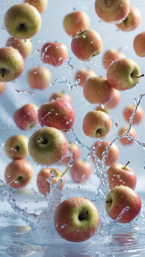 Fresh, juicy apples splashing into water, creating a vibrant and refreshing scene. photo