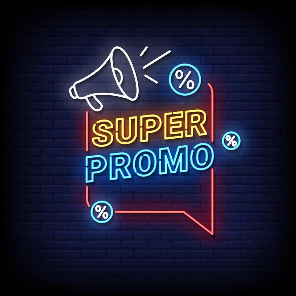super promo neon sign with brick wall background vector