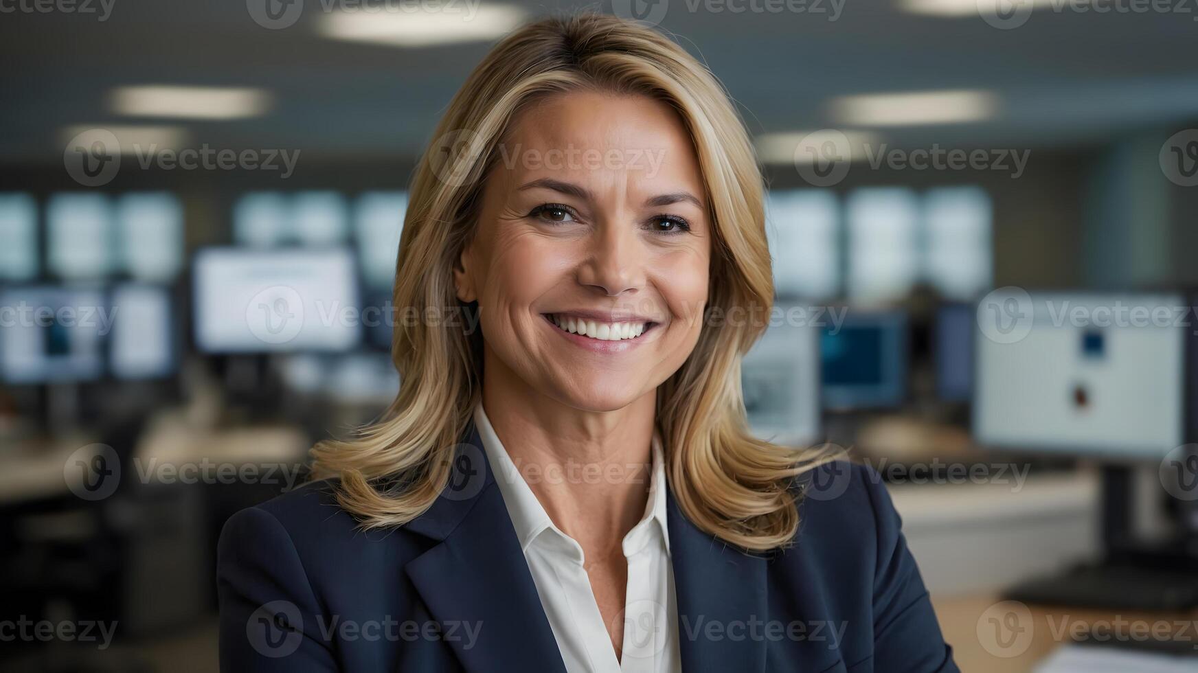 Professional woman smiles in office setting, conveying confidence and success. Image suitable for business, career, or corporate themes. photo