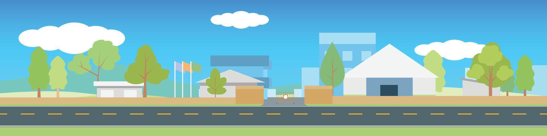Horizontal or landscape of smooth asphalt road. Walls and office buildings in industrial estates. Mountain and blue sky with white clouds for background. vector