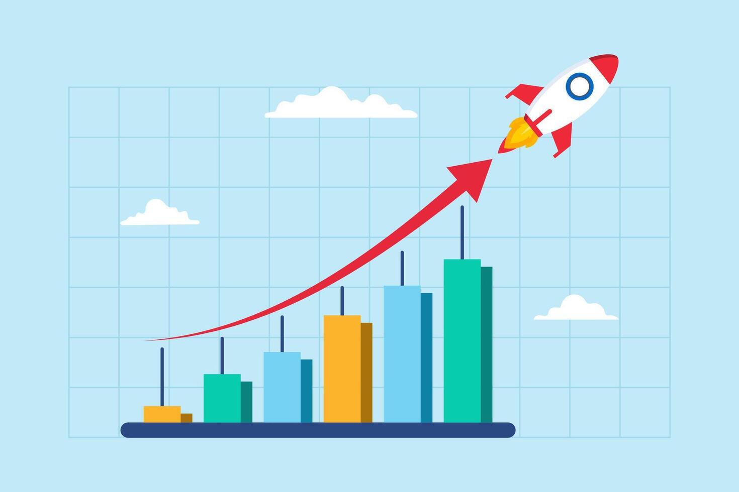 Flat illustration of financial graph with exponential arrow rise rocket flies symbolizing growth vector