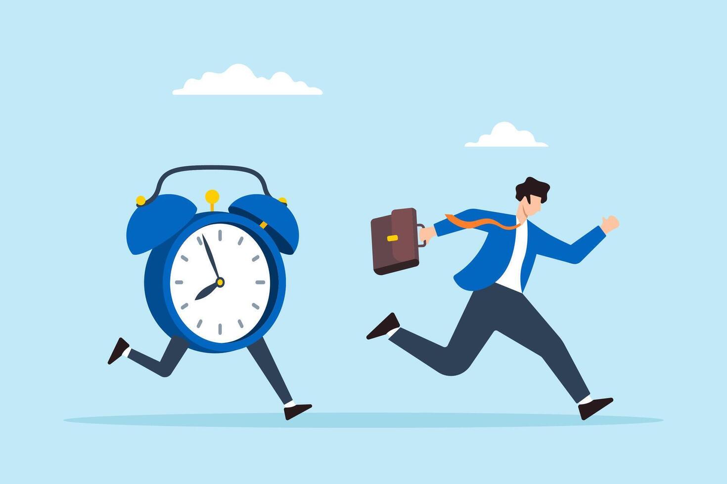 Flat illustration of frustrated businessman run in hurry from clock time symbolizing work late and deadline pressure vector