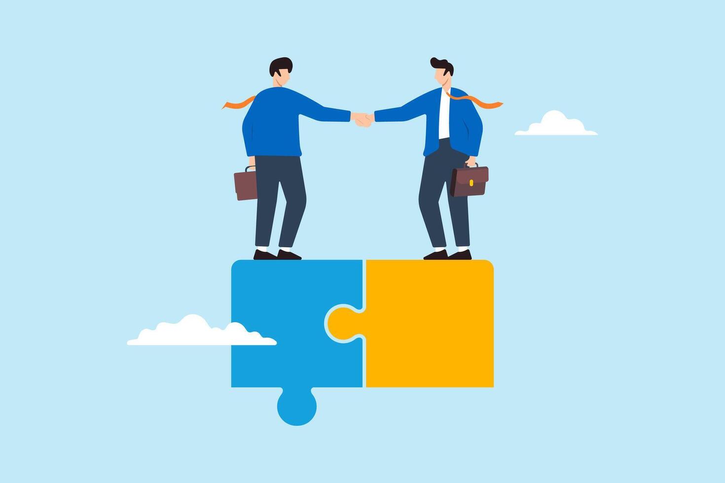 Flat illustration of businessmen finish deal with handshake on connected jigsaw puzzle vector