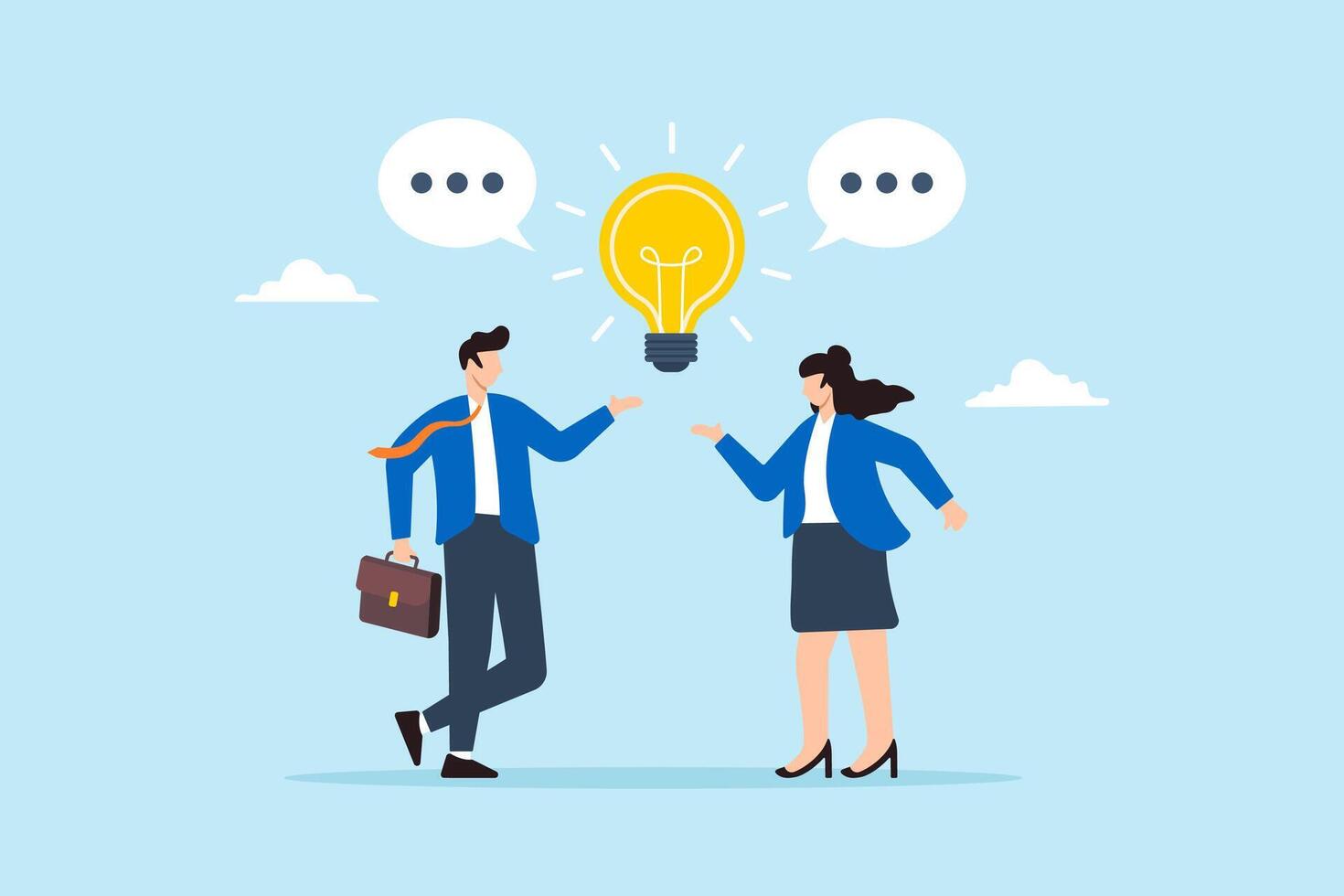 Flat illustration of coworker talk with lightbulb speech bubble communicating idea effectively vector