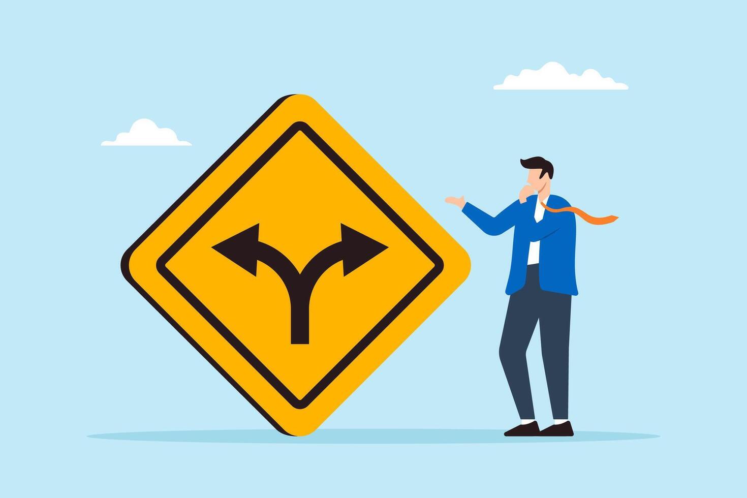 Flat illustration of businessman contemplate which way to go with fork road yellow warning sign to decide career path vector