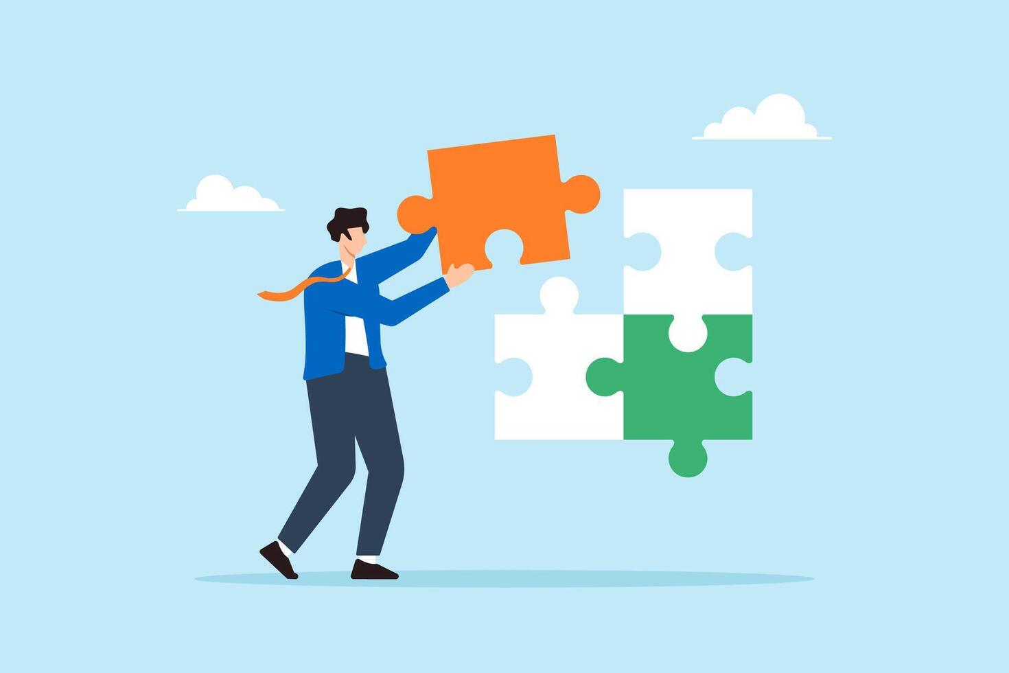 Flat illustration of businessman complete last missing jigsaw puzzle piece to solve business problem vector