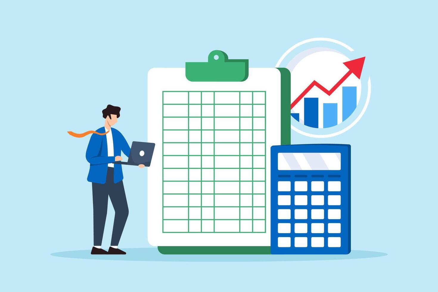Flat illustration of accountant use calculator and spreadsheet to produce report for financial analysis vector