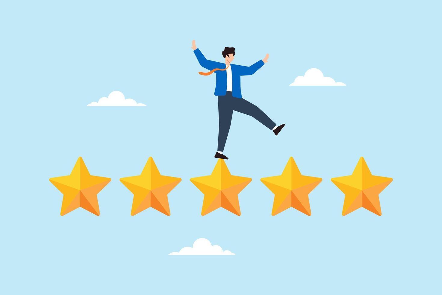 Flat illustration of businessman balance on five star rating for excellent performance review vector