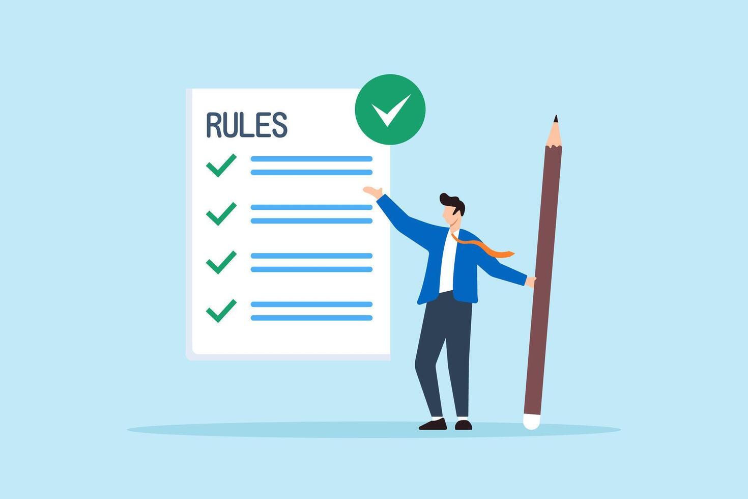 Flat illustration of businessman finish writing rule and regulation document symbolizing corporate compliance and guideline vector
