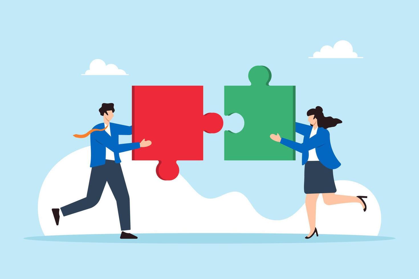 Flat illustration of businessman and businesswoman partner connect jigsaw puzzle piece to solve challenge together vector