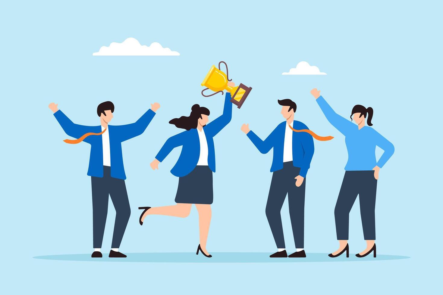 Flat illustration of businesswoman hold winning trophy with team celebrating symbolizing leadership and team success vector