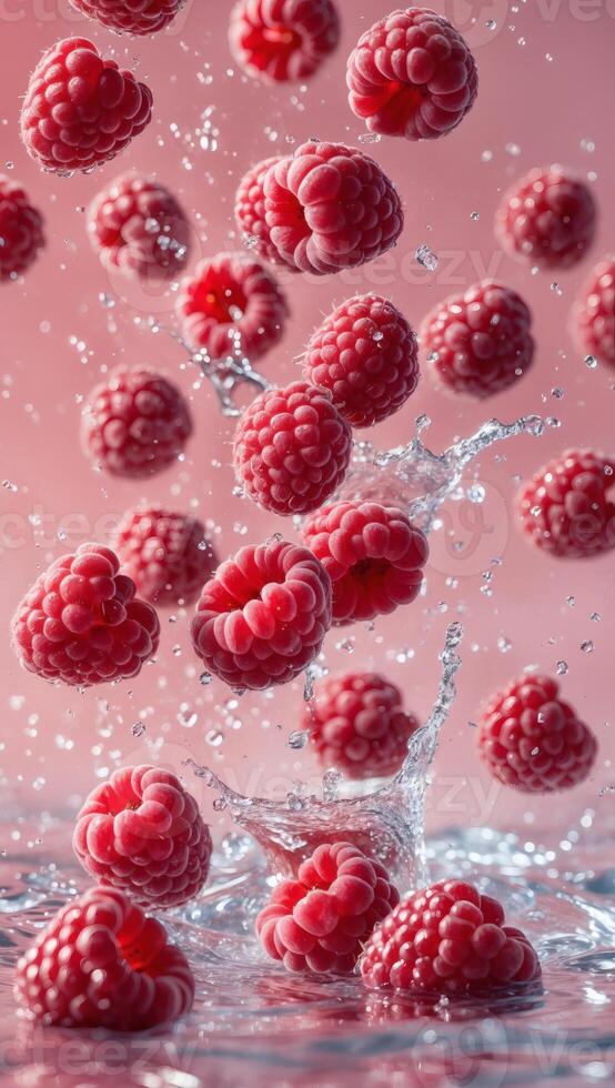 Juicy raspberries splashing into water, creating a vibrant, refreshing scene. photo