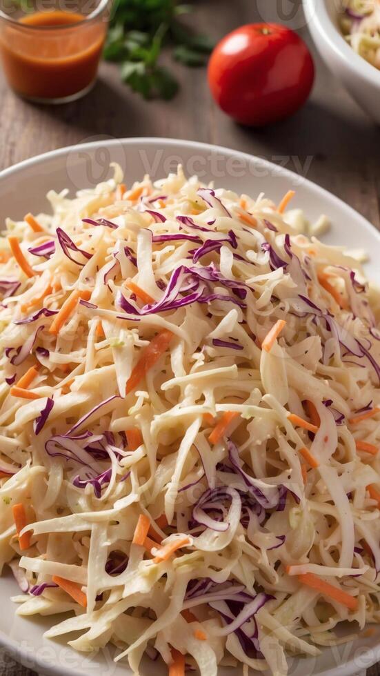 A bowl of creamy coleslaw with shredded cabbage, carrots, and red cabbage, sits on a wooden table, offering a refreshing side dish. photo