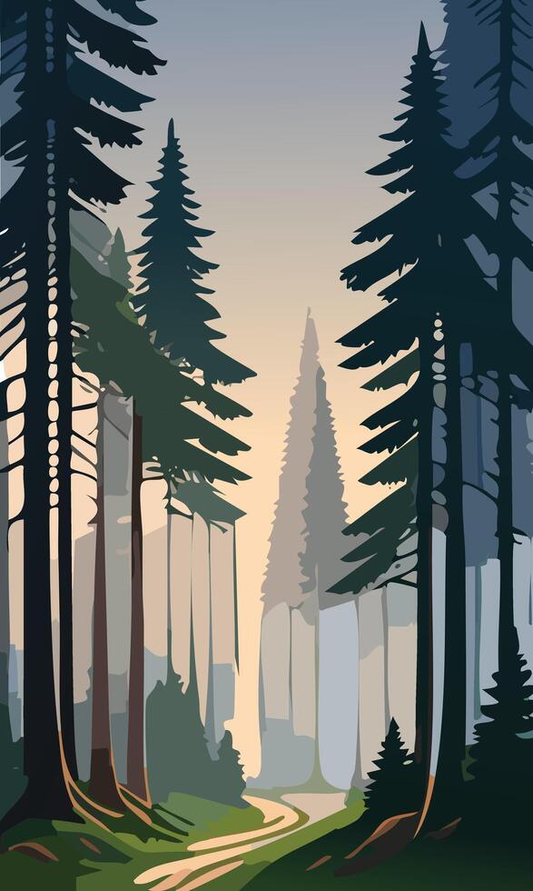 A peaceful forest path at dusk vector
