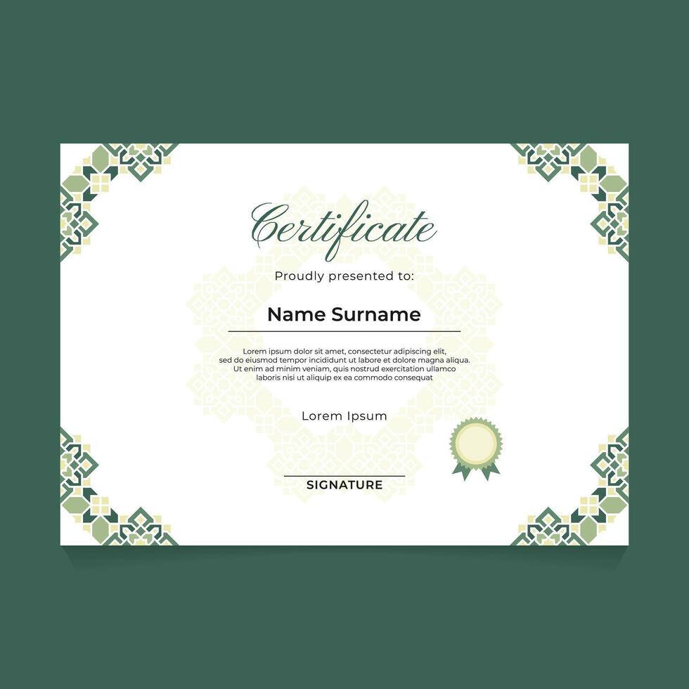 Certificate Template Design with Green Pastel Islamic Ornament Frame Border vector