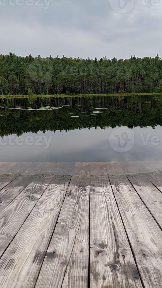 Tranquil lakeside view with wooden pier and lush forest under overcast sky photo