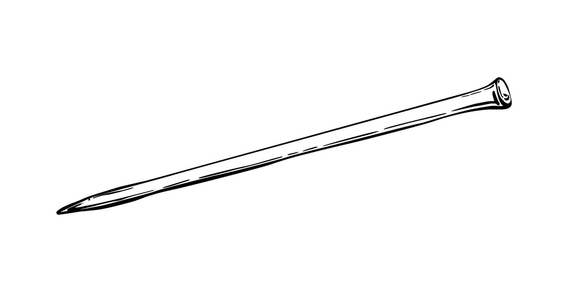 Knitting needle. Black line art illustration. Hobby item, steel metal needle. Hand drawing clipart isolated from background for handicraft hobby blogs, product labelling, logo, sticker, design. vector