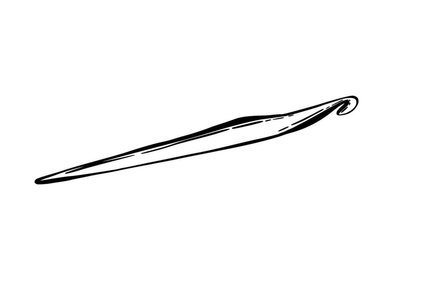 Crochet hook. Black and white line art illustration. Hobby item, metal crochet, needle knitting, crocheting. Hand drawing clipart isolated from background for blogs, labelling, logo, sticker. vector