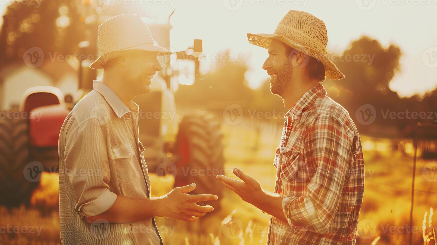 Two farmers laughing in sunlit field near tractor photo