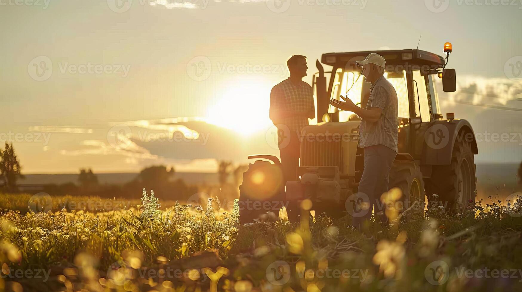 Farmers discussing work in field at sunset with tractor in background photo