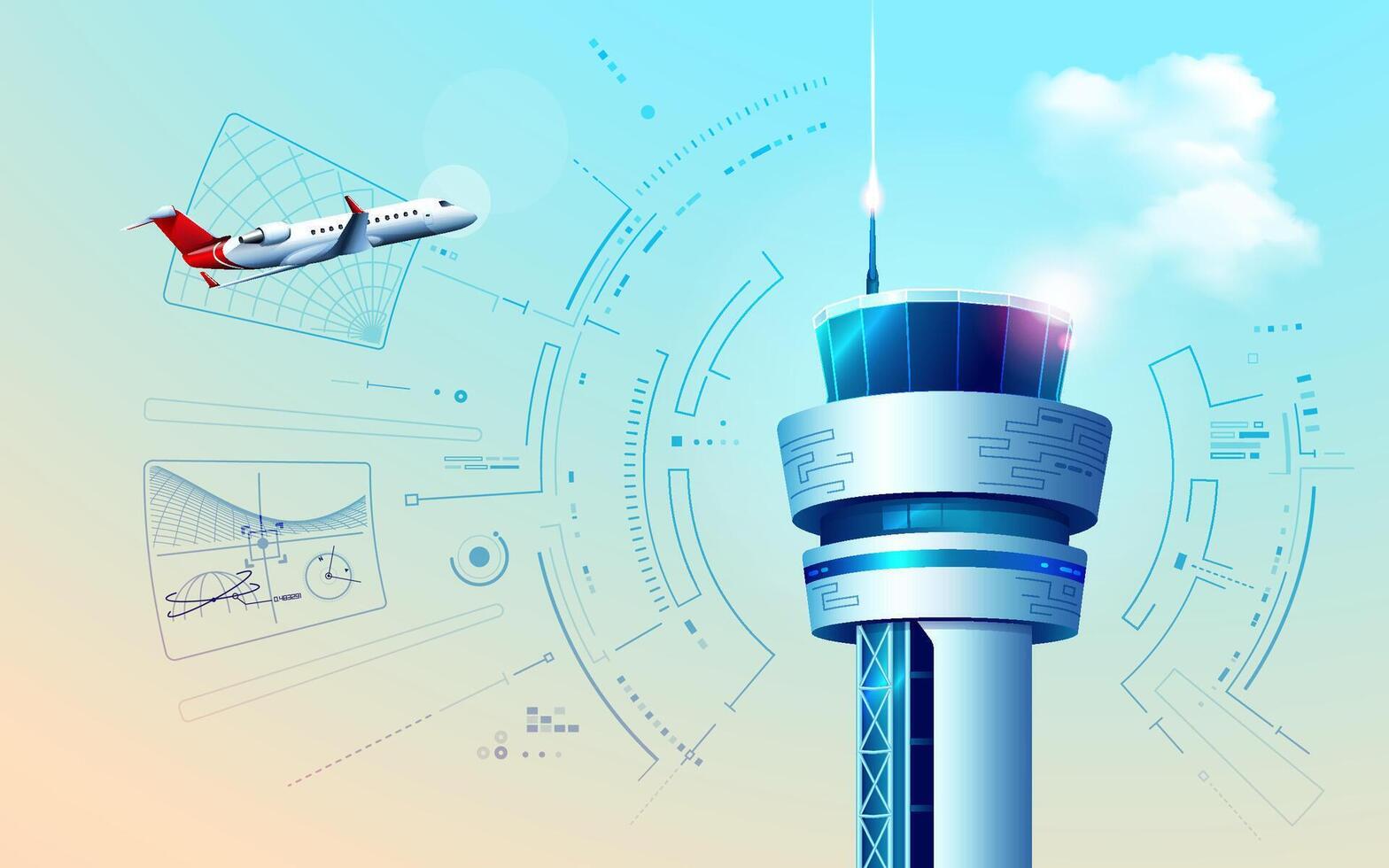 graphic of realistic air control tower showing air traffic controller interface with airplane futuristic technology vector