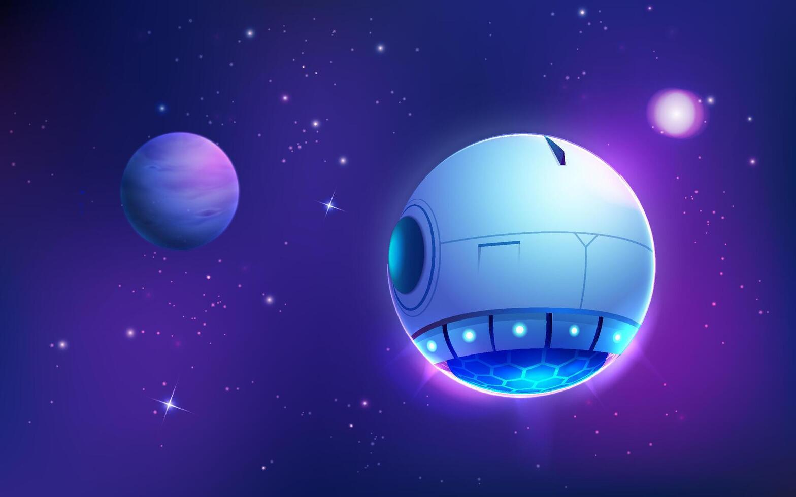 conceptual idea of sci-fi spaceship in universe, graphic of exploration in galaxy with planet and outer space background vector