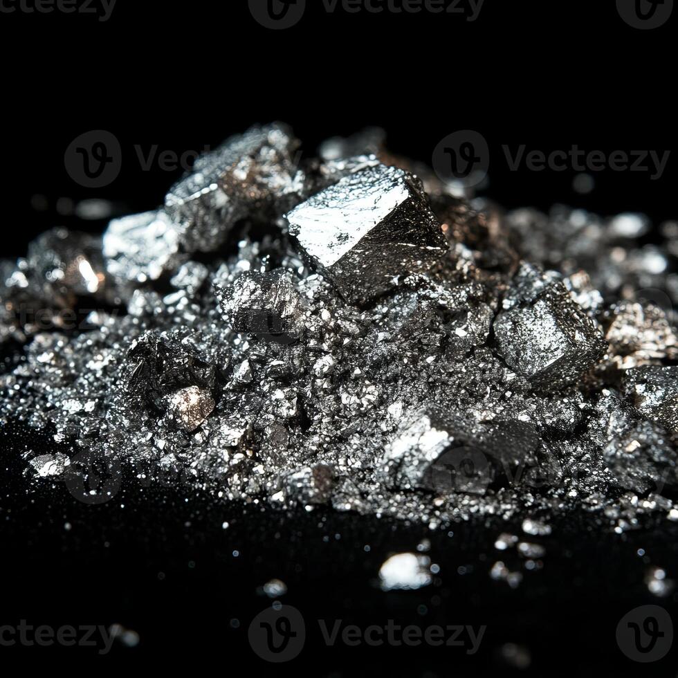 Close-up of shiny metal ore on black surface highlighting metallic texture photo
