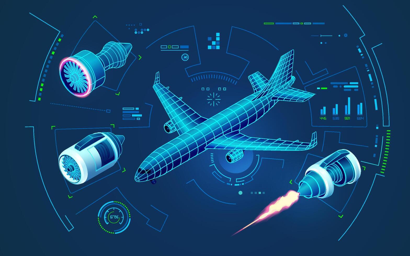 concept of aerospace engineering technology or aviation tech, graphic of airplane and aircraft engine with futuristic interface showing engine construction vector