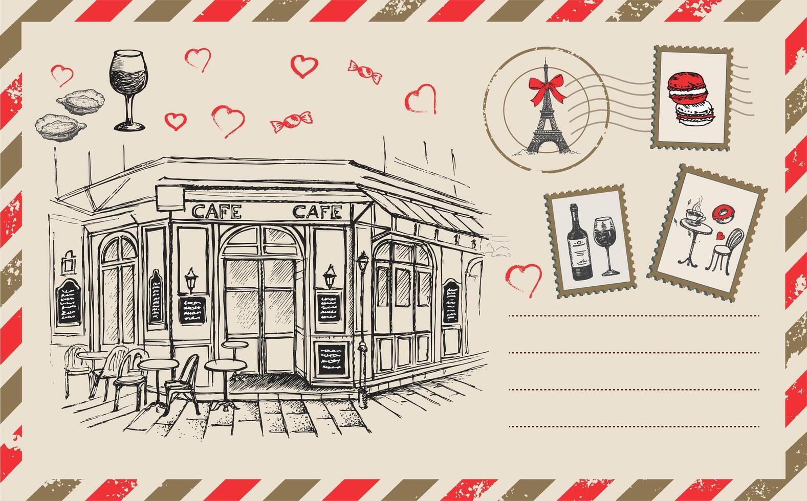 Postcard, mail, Paris cafe, sketch illustration. vector