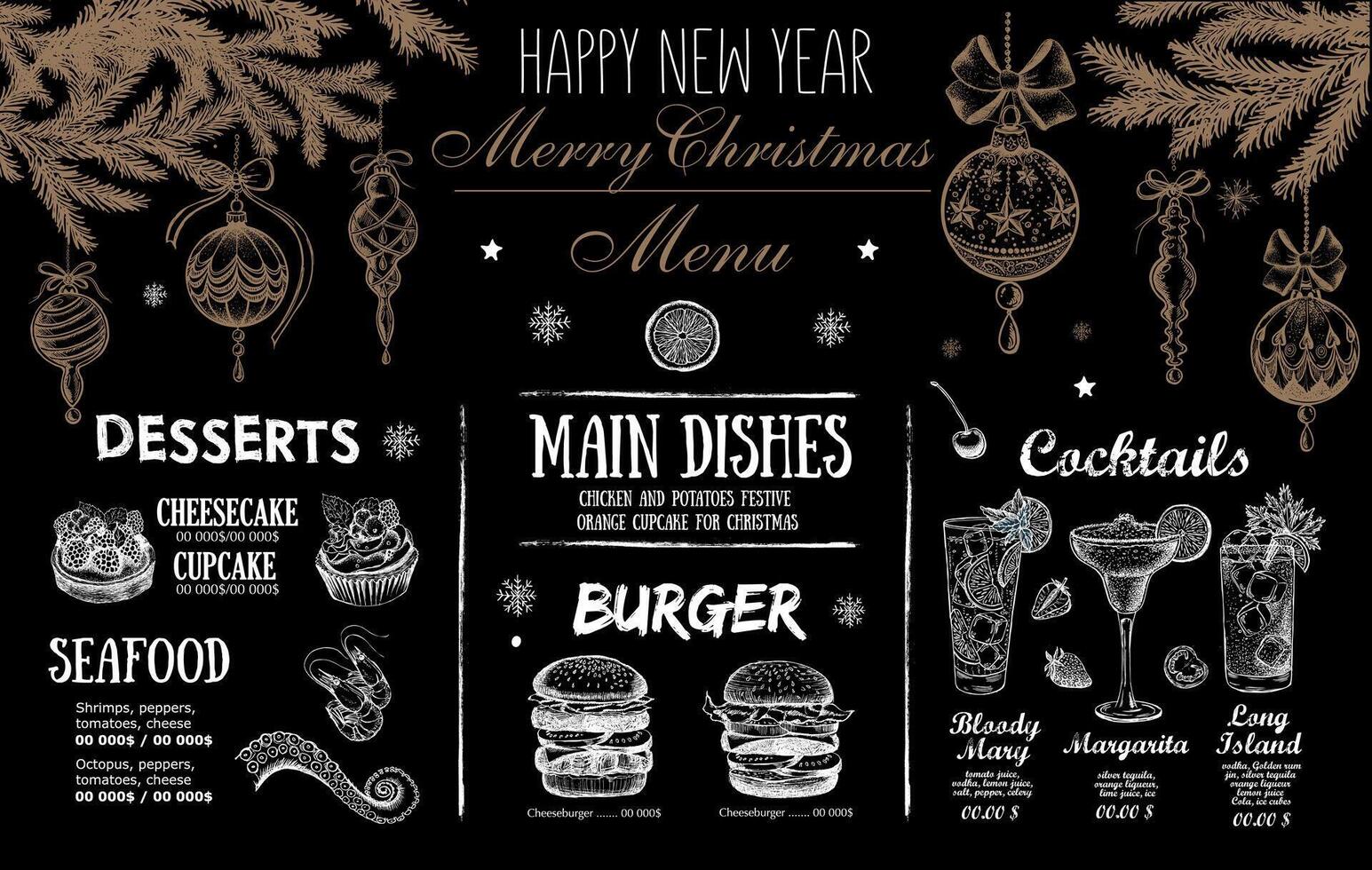 Christmas menu cafe, Template design. Hand drawn illustrations. vector