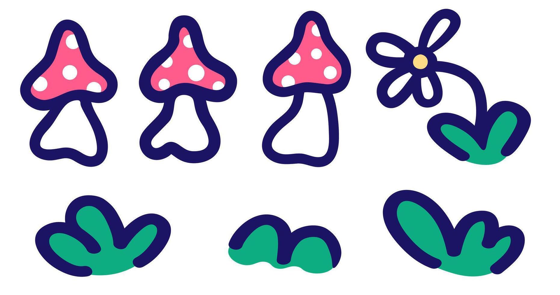 mushrooms and green and flower vector