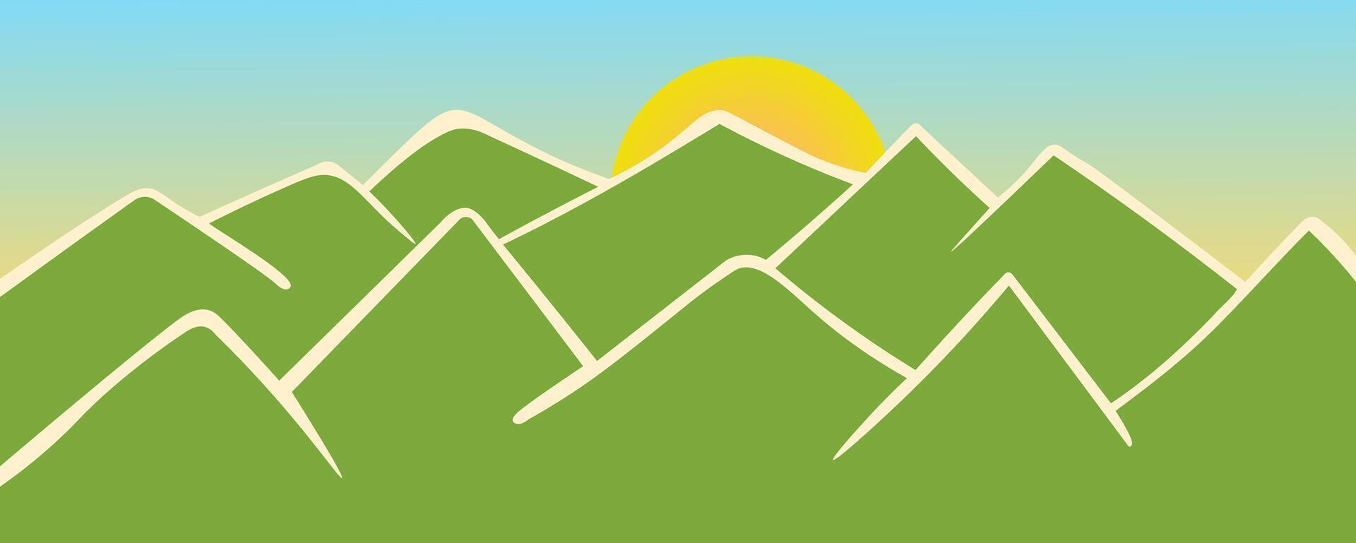 sunset under green mountains vector