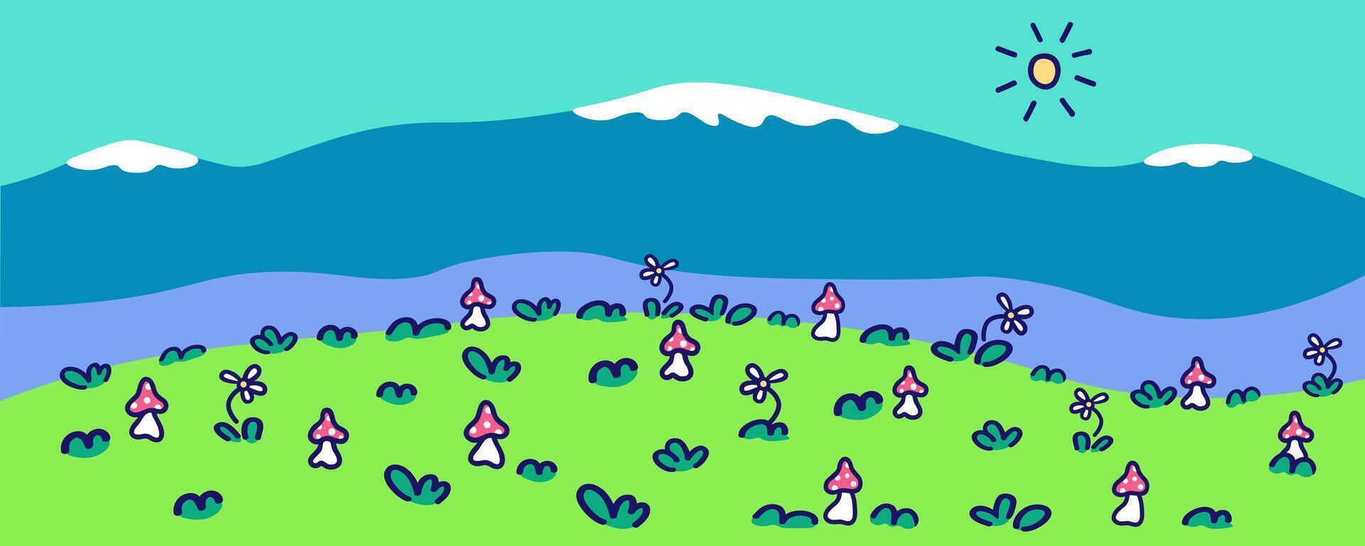 background with cute location with green hill and mountains vector