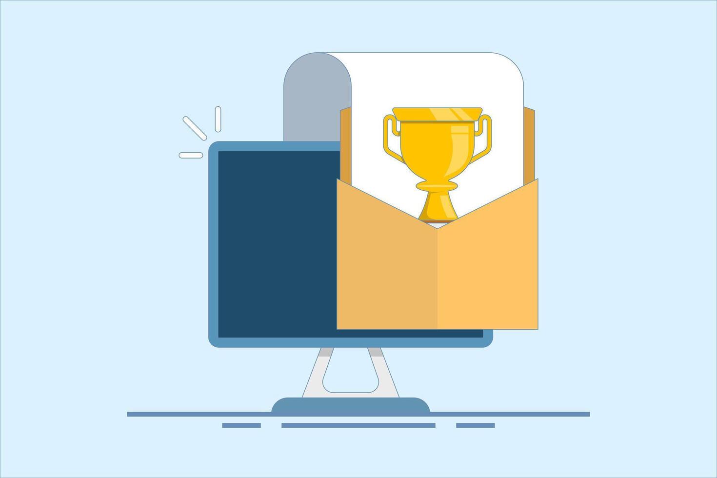 Concept of online web digital prize received via computer icon, electronic email winner, internet prize achievement, victory gold cup trophy, championship competition. design illustration. vector