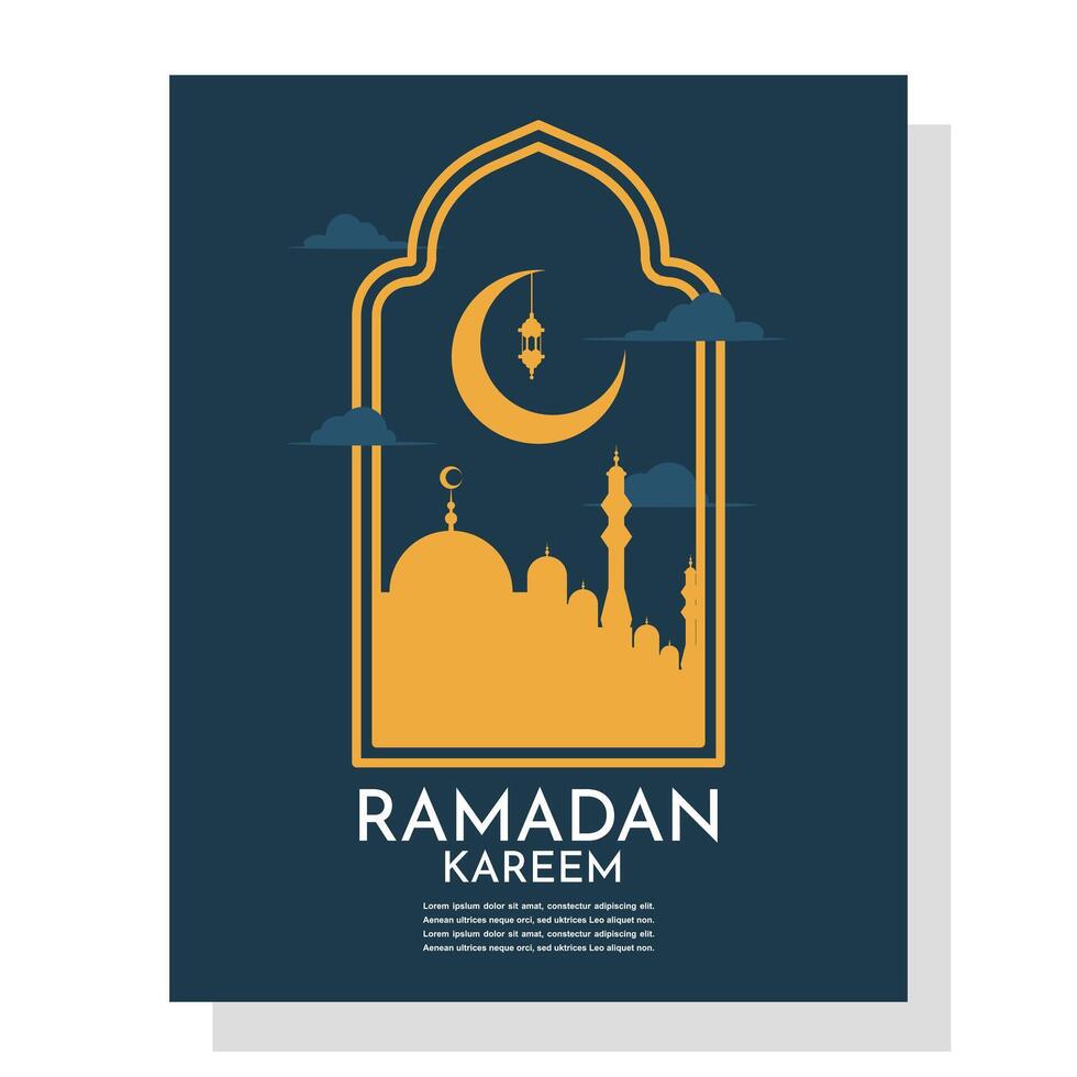 Modern minimalist Ramadan Kareem design. Greeting card, background. Ramadan Kareem greeting card. Window and arch with moon, mosque dome and lantern. Flat design illustration on background. vector