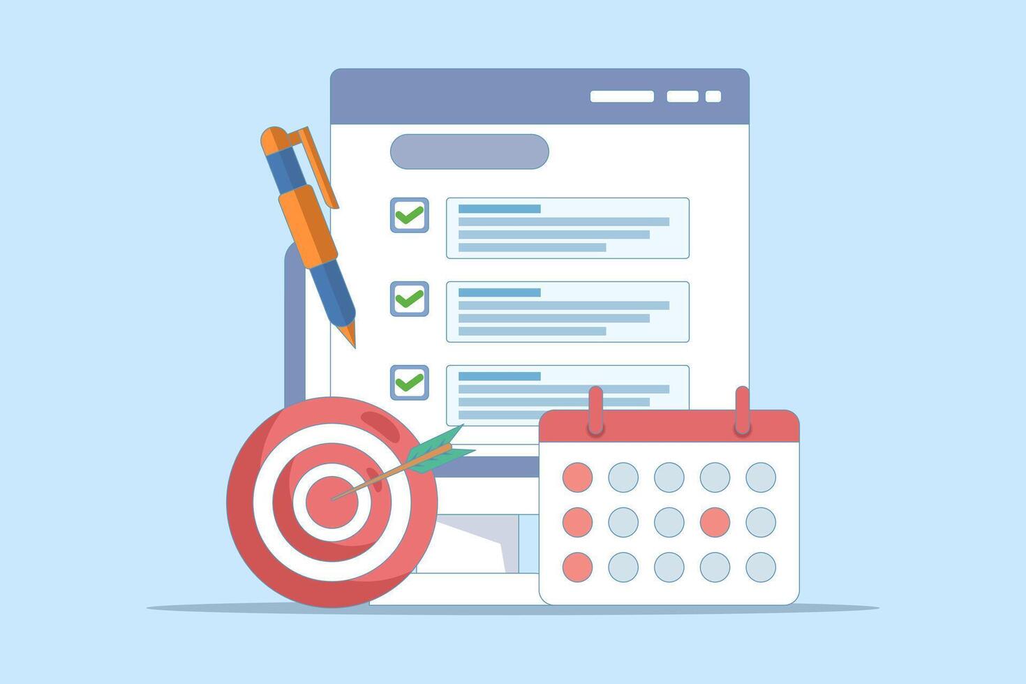 achievement concept. list of goals or future actions on a device screen. arrow right on target and calendar near a smartphone. flat cartoon design illustration on a background. vector