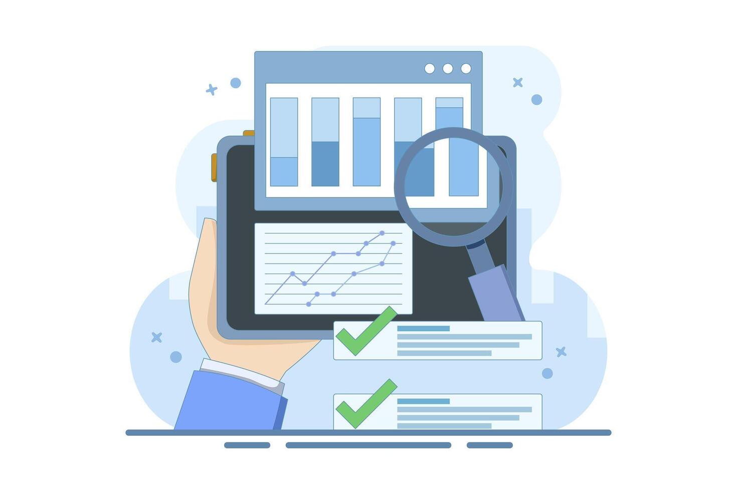 Sales data growth graph analysis report concept on computer or pc with audit and success notification, online analytics technology graph idea or internet statistics. Cartoon design illustration. vector